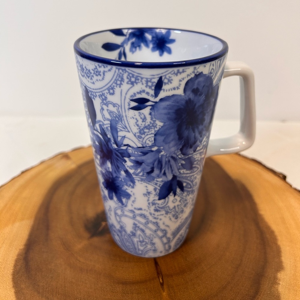 Cracker Barrel Tall Blue and White Coffee Tea Cup‎ Mug Floral Paisley